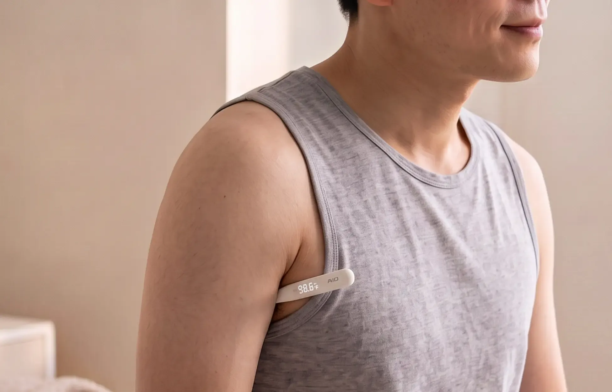 Man in a grey tank top holding a slim digital thermometer under his arm, display reading 98.6°F